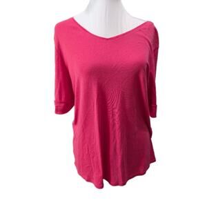 Chico's Women's Size 2 Large Tee T-shirt Top Fuchsia V-Neck Short Sleeve Casual